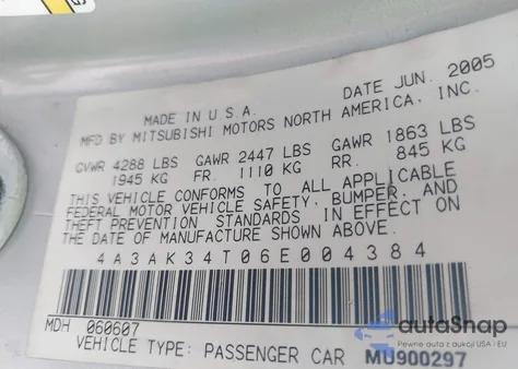 2006 Mitsubishi Eclipse Gt from USA, damaged, VIN 4A3AK34T06E004384